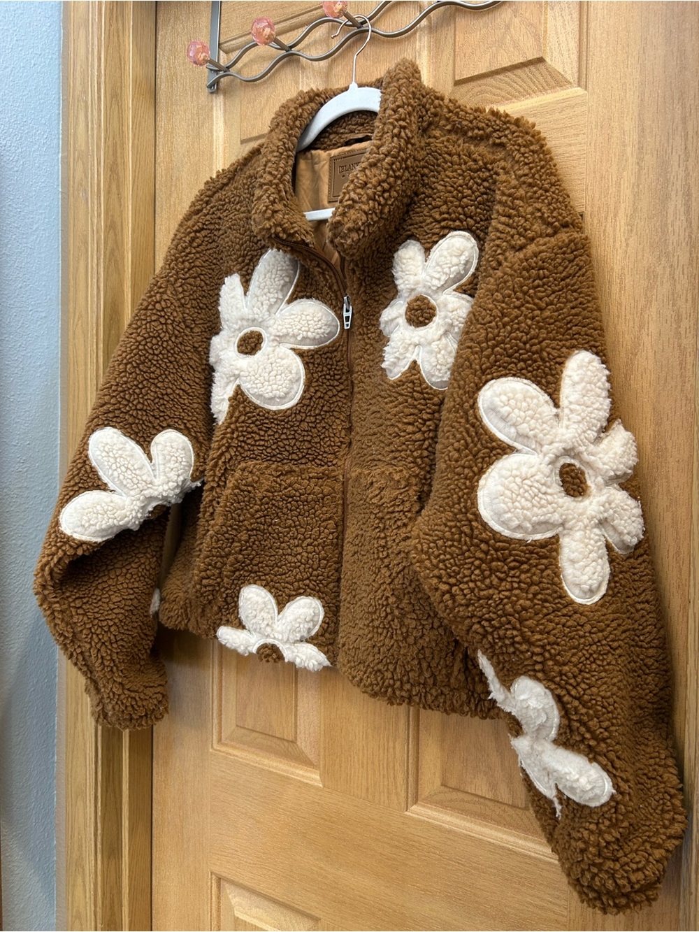 Blank NYC Women’s Brown Sherpa Puffer Jacket with White Floral Appliqués, Size L